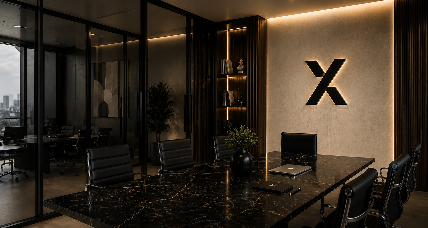 Sala de juntas Realnyx con marca X iluminada